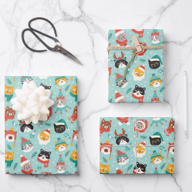Weihnachtskatzen im Weihnachtssüßmuster Geschenkpapier Set (Vorderseite)