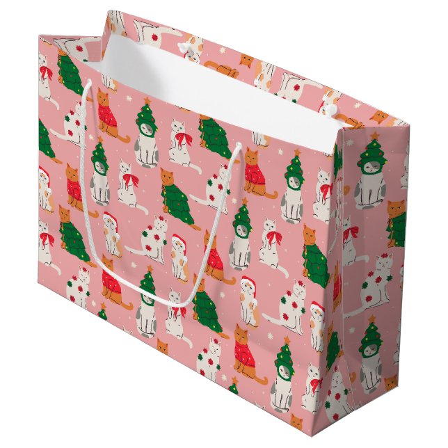 Weihnachtskatzen in festem Muster Große Geschenktüte (Vorderseite Schrägansicht)