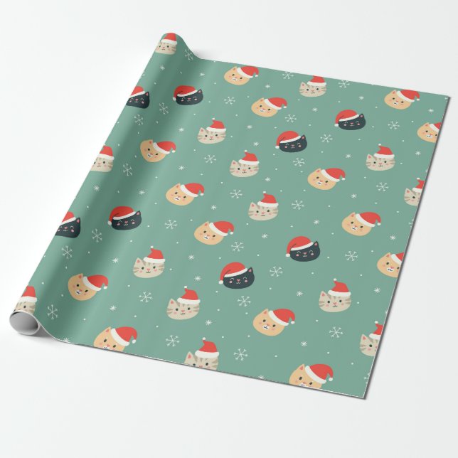 Weihnachtskatzen in Weihnachtsmannmützen Muster Geschenkpapier (Ungerollt)