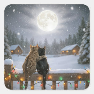 Weihnachtskatzen kuscheln auf einem schneebedeckte quadratischer aufkleber