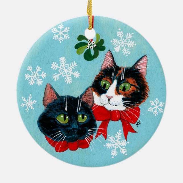 Weihnachtskatzen-Mistelzweig-Winterverzierung Keramik Ornament (Hinten)