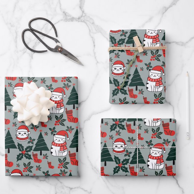 Weihnachtskatzen mit heiliger Pflanze Geschenkpapier Set (Vorderseite)