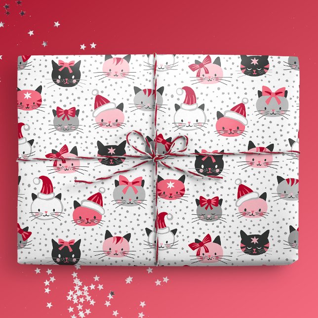 Weihnachtskatzen mit Weihnachtsmannmützen Geschenkpapier (Christmas Cats With Santa Hats Gift Mockup)