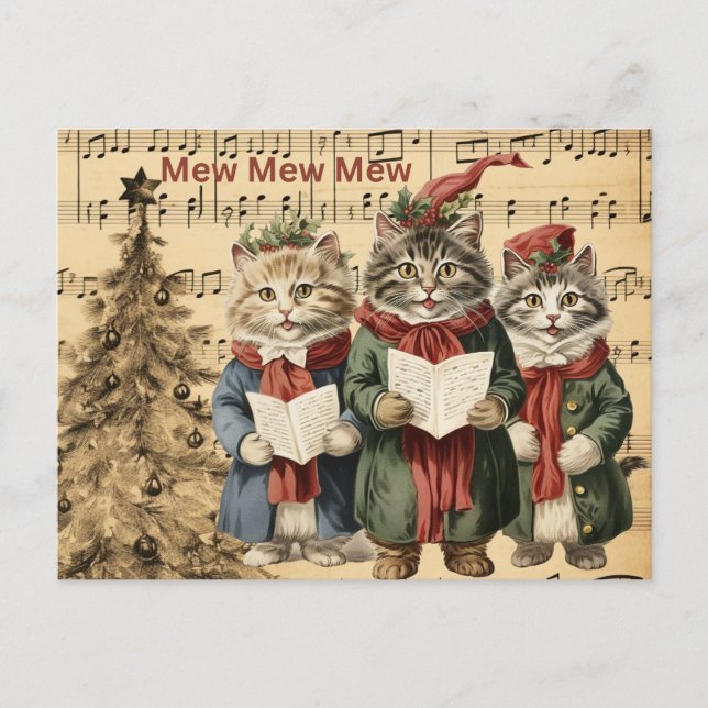 Weihnachtskatzen Singen am Baum Feiertagspostkarte (Vorderseite)