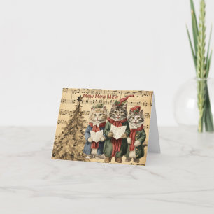 Weihnachtskatzen singen am Baum im Vintage-Stil Karte