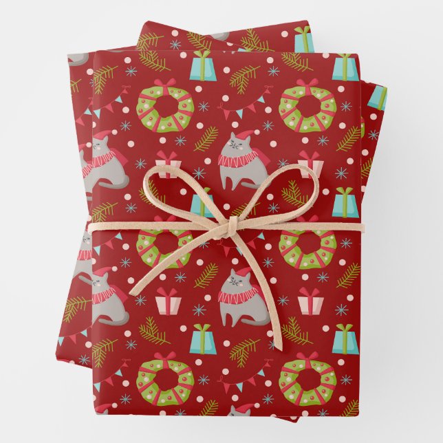 Weihnachtskatzen und festliche Dekorationen Rot Geschenkpapier Set (Beispiel)