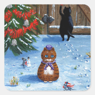 Weihnachtskatzen und Mäuse Kreationarts Quadratischer Aufkleber