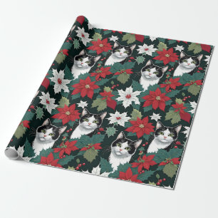 Weihnachtskatzen und -poinsettias geschenkpapier