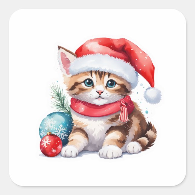 Weihnachtskatzenaufkleber - Kitty und Geschenke Quadratischer Aufkleber (Vorderseite)