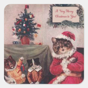 Weihnachtskatzenaufkleber, Louis-Wain-Katzen Quadratischer Aufkleber
