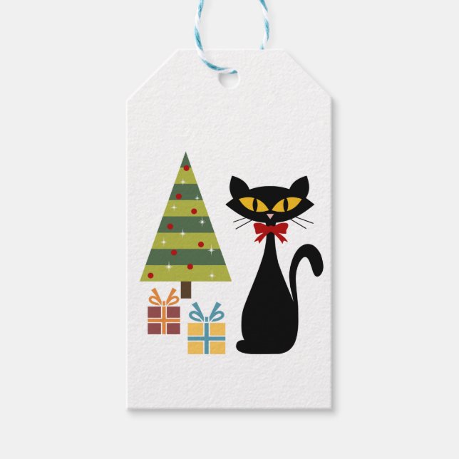Weihnachtskatzengeschenk für Mitte des Jahrhundert Geschenkanhänger (Vorderseite)