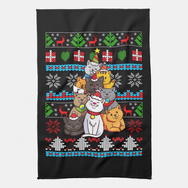 Weihnachtskatzengeschenk Geschirrtuch (Vertikal)