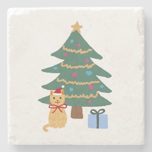 WeihnachtskatzenIllustrationsbaum Steinuntersetzer (Vorderseite)