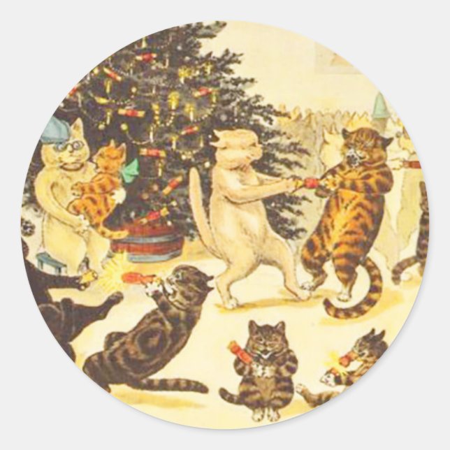 Weihnachtskatzenklammer, Louis Wain Runder Aufkleber (Vorderseite)