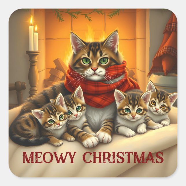 Weihnachtskatzensticker Quadratischer Aufkleber (Vorderseite)