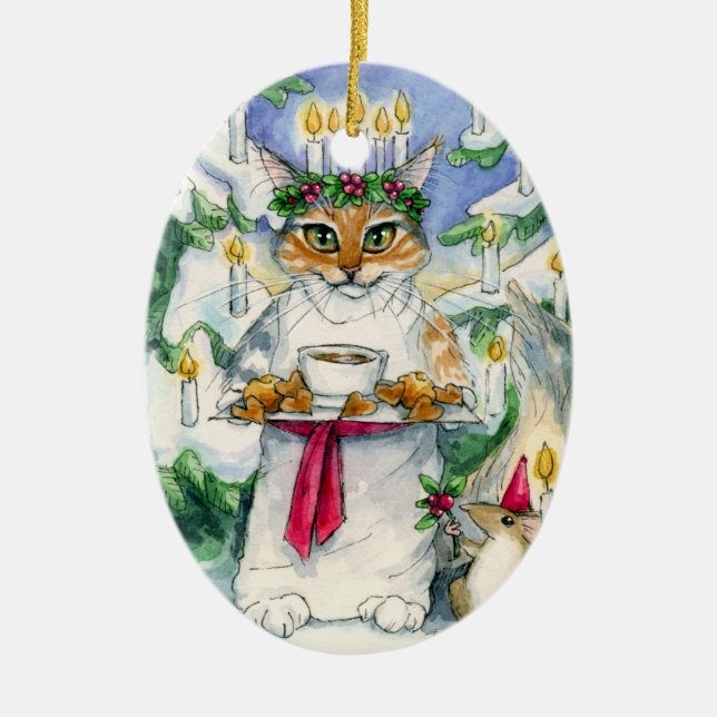 Weihnachtskatzenverzierung Sankt Lucia Keramikornament (Vorne)