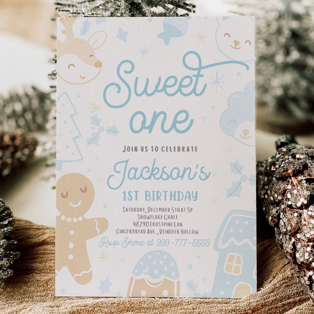 Weihnachtskeks Erster Geburtstagskind Einladung (Christmas cookie first birthday boy invitation with gingerbread, festive holiday cookies, and red-gr)