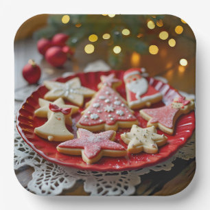 Weihnachtskekse auf einem roten Tisch Pappteller