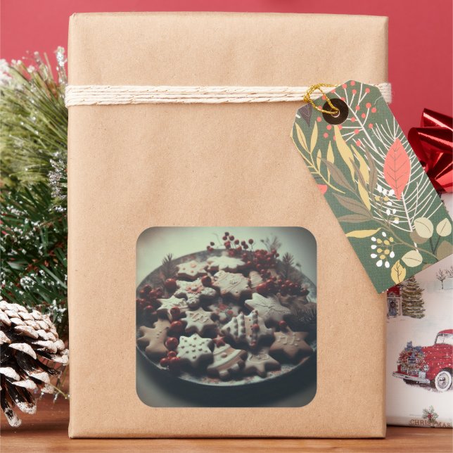 Weihnachtskekse auf Plate-Weihnachtskeks Quadratischer Aufkleber (Feiertag)