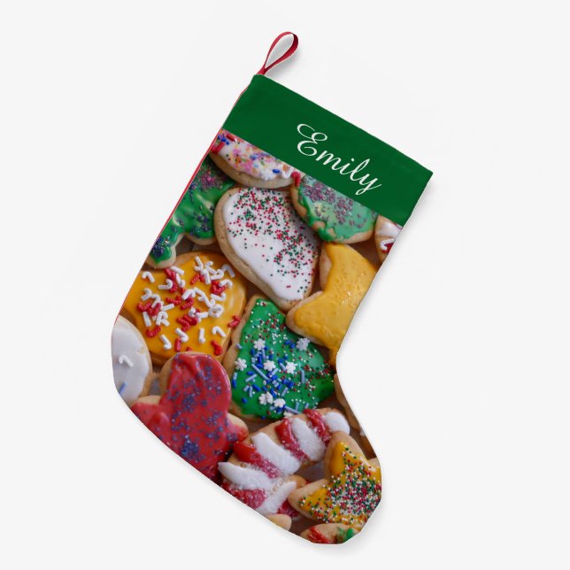 Weihnachtskekse ich farbenfrohe Weihnachtsgebäck Kleiner Weihnachtsstrumpf (Vorderansicht (hängend))