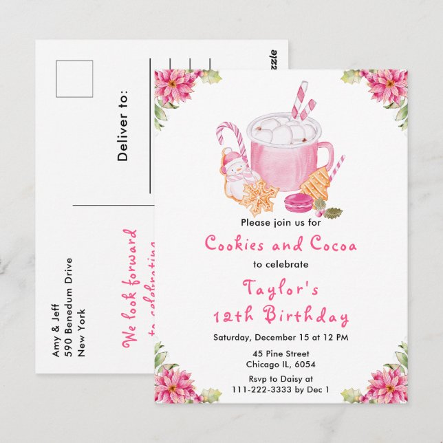 Weihnachtskekse und Kakao Geburtstagsparty Pink Postkarte (Vorne/Hinten)