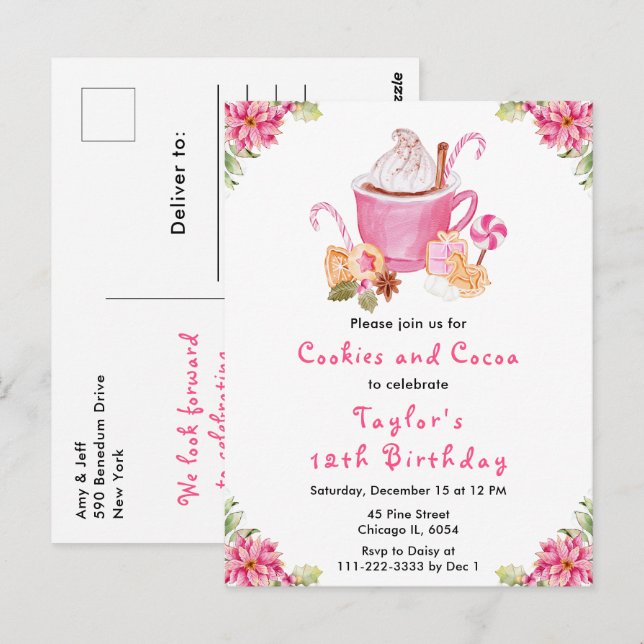 Weihnachtskekse und Kakao Geburtstagsparty Pink Postkarte (Vorne/Hinten)