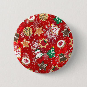 Weihnachtskekse und Schneeflocken auf Rot Button