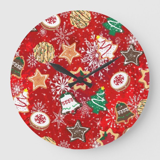 Weihnachtskekse und Schneeflocken auf Rot Große Wanduhr (Vorderseite)