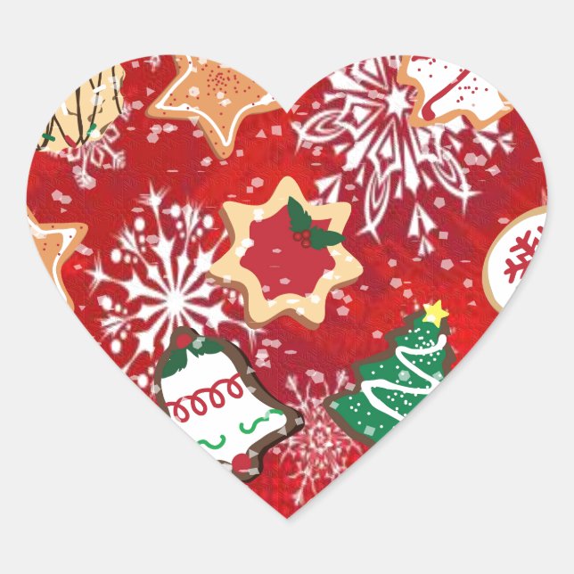 Weihnachtskekse und Schneeflocken auf Rot Herz-Aufkleber (Vorderseite)