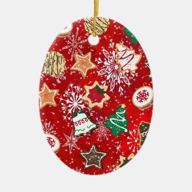 Weihnachtskekse und Schneeflocken auf Rot Keramik Ornament (Vorne)