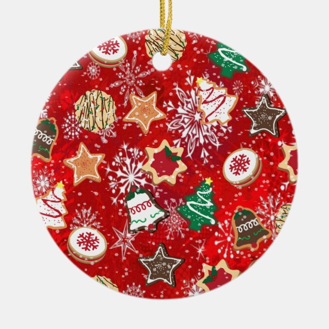 Weihnachtskekse und Schneeflocken auf Rot Keramikornament (Vorne)