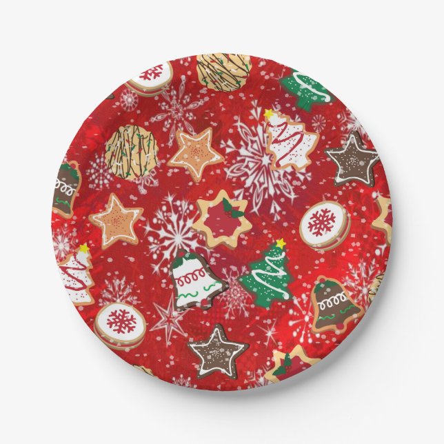 Weihnachtskekse und Schneeflocken auf Rot Pappteller (Vorderseite)