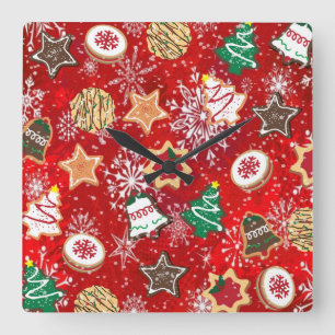 Weihnachtskekse und Schneeflocken auf Rot Quadratische Wanduhr