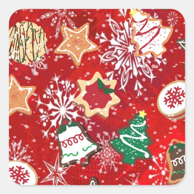 Weihnachtskekse und Schneeflocken auf Rot Quadratischer Aufkleber (Vorderseite)