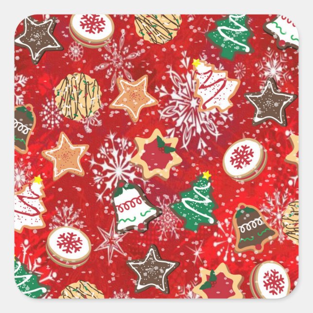 Weihnachtskekse und Schneeflocken auf Rot Quadratischer Aufkleber (Vorderseite)