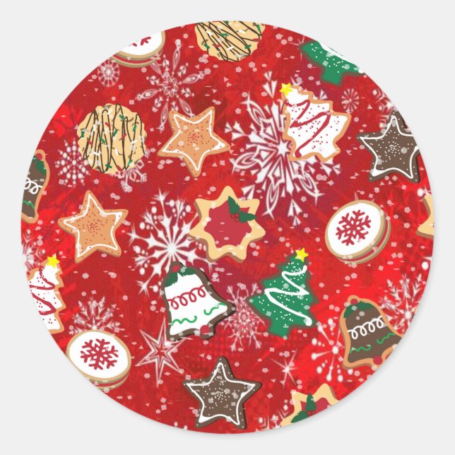 Weihnachtskekse und Schneeflocken auf Rot Runder Aufkleber (Vorderseite)