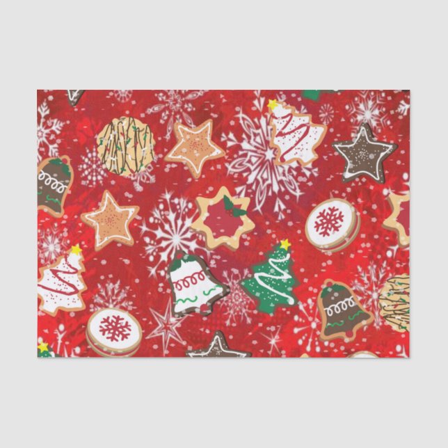 Weihnachtskekse und Schneeflocken auf Rot Seidenpapier (Vorderseite)