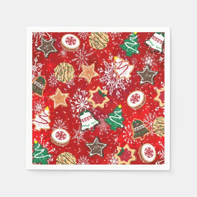 Weihnachtskekse und Schneeflocken auf Rot Serviette (Vorderseite)