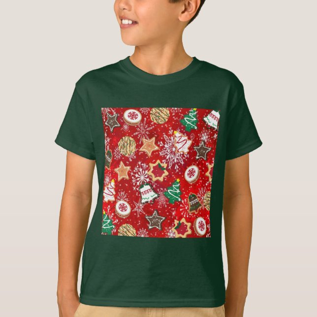Weihnachtskekse und Schneeflocken auf Rot T-Shirt (Vorderseite)