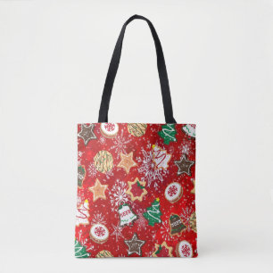 Weihnachtskekse und Schneeflocken auf Rot Tasche