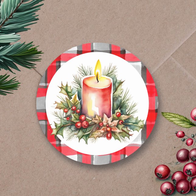 Weihnachtskerze in Aquarellfarbe Kariert geprüft Runder Aufkleber (Von Creator hochgeladen)