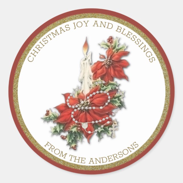Weihnachtskerze mit Poinsettias Rosary Runder Aufkleber (Vorderseite)