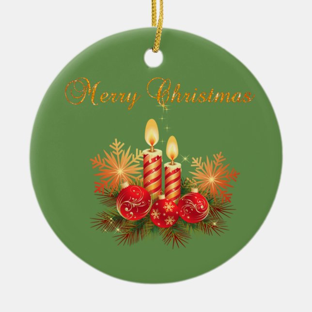 Weihnachtskerze, Schneeflocken, Frohe Weihnachten Keramik Ornament (Vorne)
