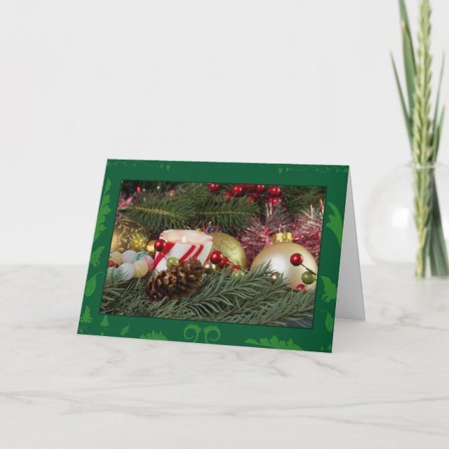 Weihnachtskerze und -verzierungen feiertagskarte (Vorderseite)