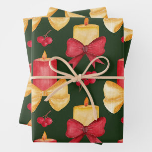 Weihnachtskerzen, Beeren und Bänder Geschenkpapier Set