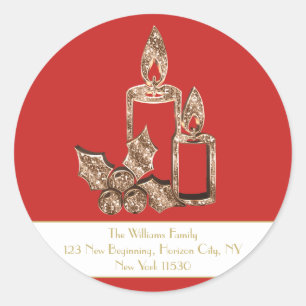 Weihnachtskerzen Holly Red und White Gold Script Runder Aufkleber