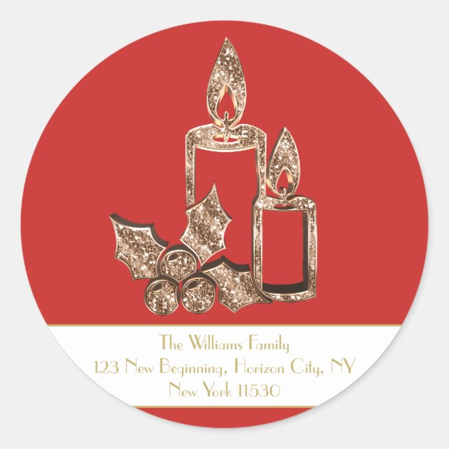 Weihnachtskerzen Holly Red und White Gold Script Runder Aufkleber (Vorderseite)