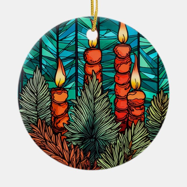 Weihnachtskerzen im Buntglasstil Keramik Ornament (Vorne)