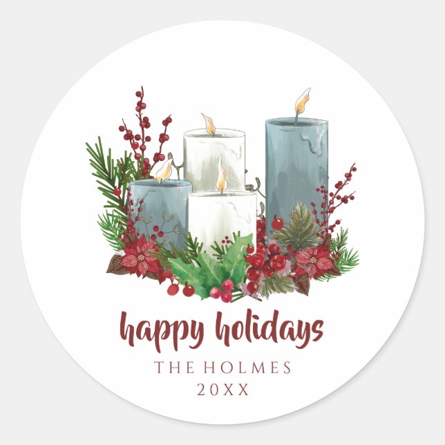 Weihnachtskerzen mit Blume und Berries Runder Aufkleber (Vorderseite)