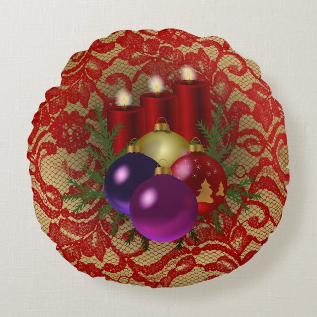Weihnachtskerzen & Ornamente Blumenstrauß Imitate Rundes Kissen (Vorderseite)